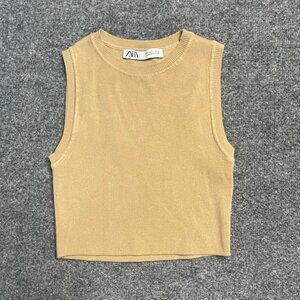 Zara Womens Sweater Vest Khaki Sleeveless Jewel Neck Pullover Knit S
